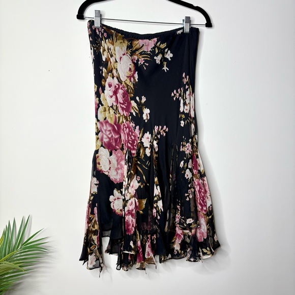 Y2K Vintage ICE Silk Floral Midi Flutter Skirt Handkerchief Ruffle Black - Picture 1 of 6